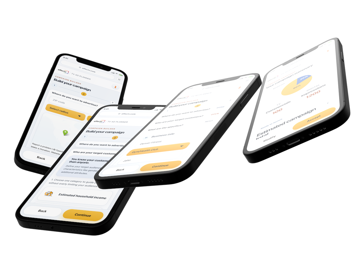 Effectv ad planner on mobile, guided campaign setup for a small business.